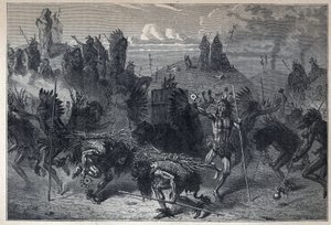 Discovered Canada: the dance of the bison in the Mondanes. Engraving from the end of the 19th century in “La nouvelle France” by Eugene Guenin. av French School