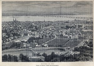 Oppdaget Canada: utsikt over byen Montreal i 1875. Tegning av Benoist etter fotografi. Gravering fra slutten av 1800-tallet i «La nouvelle France» av Eugene Guenin. av French School