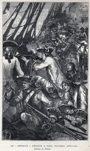 Discovered from Canada: Jacques Pierre de Taffanel de la Jonquiere (1685-1752) French naval officer at the head of the French ship “” Le serieux”” resisted five English ships. Drawing by Sahib. Engraving from the end of the 19th century in “La nouvelle Fra av French School