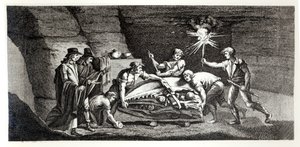 Oppdage beinene til et forhistorisk dyr, illustrasjon fra Histoire naturelle de la Montagne Saint-Pierre de Maastricht av Barthelemy Faujas de Saint Fond (1743-1819) 1799 av French School