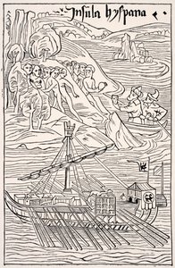 Oppdagelsen av Santo Domingo, Insula Hyspana, av Christopher Columbus, faksimile av en tregravering av Epistola Christoferi Colom, fra Science and Literature in The Middle Ages av Paul Lacroix pub. London 1878 av French School
