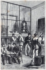 Destillatorbutikk i Paris på 1800-tallet - Gravering i "Vitenskaper gjort tilgjengelig for alle - fysikk og kjemi" av Alexis Clerc - Slutten av 1800-tallet - Privat samling av French School