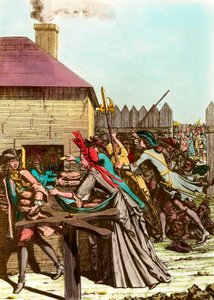Utdeling av kongens brød i Louvre i 1709 etter den store vinteren, som førte til at kornprisene steg og stor hungersnød. Gravering fra slutten av 1700-tallet. Privat samling av French School
