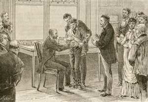 Doktor Pasteur undersøker gutt smittet med rabies. 1800-tallet (gravering) av French School