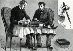Leger som undersøker et barns øyne og injiserer øyedråper (gravering) 1888 av French School