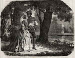 Don Juan discussed with Anne of Austria (1549-1580) his possible union with Prince Don Carlos (1545-1568), son of King Philip II of Spain (1527-1598). Engraving from 1871 in “Histoire Des Cocus Celebres”” by Henry de Kock (1819-1892). av French School
