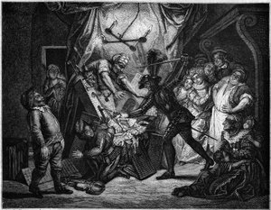 Don Quixote fights the puppets he thinks are Moors. Engraving by V. Beauce after the painting by Charles Antoine Coypel (1694 - 1752) illustrating the novel by Cervantes (1547-1616). In “” Le Magasin picturesque”” av French School