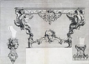 Dobbel forgrenet lysestake med rokokko og klassiske elementer, fra en mønsterbok med nyklassisk metalldesign satt sammen av Duhamel, ca. 1770-80-tallet av French School
