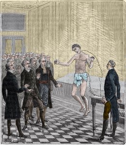 Dr Andrew Ure utførte voltaiske eksperimenter på liket av den henrettede morderen, Clydesdale, i 1818 - Erfaring av Andrew Ure (1778-1857) på et lik - Gravering i "" Vitenskaper satt for døren til alle - fysikk og kjemi"" av Alexis Cler av French School