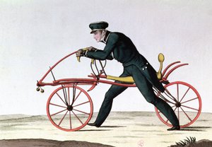 Draisienne, stamfar til sykkelen, oppfunnet 1816 av baron Karl von Drais (1785-1851), 1820 (fargegravering) av French School