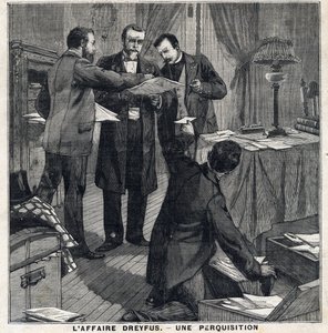 Dreyfus-sak: Tre sivilbetjenter og en politimester foretar en ransaking av Georges Picquarts hjem (1854-1914). I "" Le Peute Parisien"" den 5/12/1897. Privat samling av French School