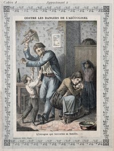Drunkard terroriserer familien sin, omslag til en skoleoppgavebok. ca. 1900 av French School