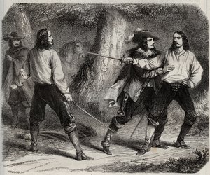 Duel has the sword between the Viscount of Cahuzac and the Marquis of Gesvres, whose queen of France Anne of Austria is in love, in the woods of Vincennes. 17th century. Engraving from 1871 in “Histoire Des Cocuses Celebres”” by Henry de Kock (1819-1892). av French School