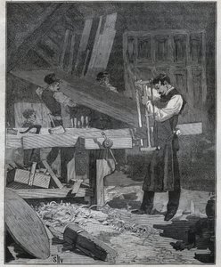 Ebenisterie: ebenistarbeider som deler et styre på det etablerte. Gravering fra 1885 i "" Les arts et metiers illustres"" av Adolphe BITARD. av French School