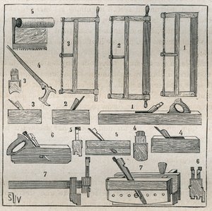 Ebenisterie: vanlige verktøy, sager og høvling. Gravering fra 1885 i "" Les arts et metiers illustres"" av Adolphe BITARD. av French School