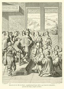Rådmenn i byen Paris, komplimenterer Louis XIII ved hjemkomsten fra La Rochelle, tidsgravering; etter A Bosse av French School