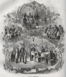 Grunnskoler i Frankrike på 1800-tallet - gravering i - New National Encyclopedia av Maurice La Charest - 1870 - av French School