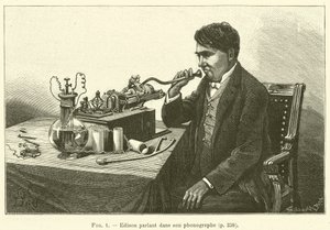 Edison snakker inn i fonografen sin (gravering) av French School