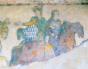 Eleanor av Aquitaine, dronning av England og hennes svigerdatter Isabella av 'Angouleme på hesteryggen av French School