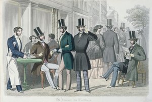 Elegante unge menn på terrassen til en kafé, 1857 (fargegravering) av French School