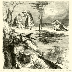 Elia, i ørkenen, matet av en engel, Elia, legger seg ned, lytter til Herren, Elias leder Elisee (gravering) av French School
