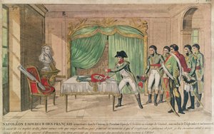 Keiser Napoleon I vurderer sverdet til Fredrik den store i Potsdam i 1806 (fargegravering) av French School