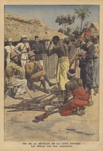 Slutt på et opprør fra Abes-folket i Elfenbenskysten (farge litho) av French School