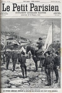 End of the Spanish-American War (American Hispano) in 1898. American officers announcing the cessation of hostilities at the Spanish outposts. Engraving in “” Le petit parisien”” from 1898. av French School