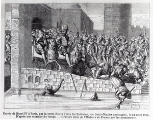 Inngangen til Henri IV (1553-1610) i Paris, 22. mars 1594 (gravering) (bw-foto) av French School