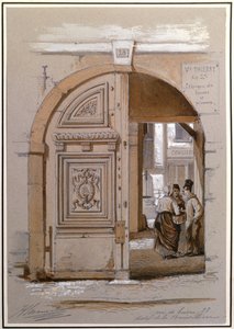 Inngang til hotellet til Marquise de Brinvilliers, 28 rue de Bievre, Paris (kritt og gouache på papir) av French School