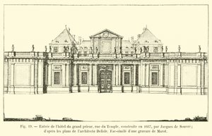 Inngang til Hôtel du Grand Prior, rue du Temple, bygget i 1667 av Jacques de Souvre; i henhold til planene til arkitekten Delisle, Faksimile av en gravering av Marot