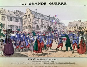Den franske hærens inntreden i Mulhouse, Alsace, 9. august 1914 (farge litho) av French School