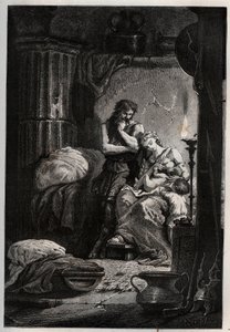Eponine og hennes ektemann Julius Sabinus (død 78 e.Kr.) bor hemmelig i en hule for å unnslippe Vespasian-keiseren (9-79) - Sabinus og hans kone Eponine, gjemt i en hule - gravering fra "" L
