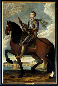 Rytterportrett av Henrik IV (1553-1610) konge av Frankrike foran Pont Neuf i Paris. Anonymt maleri fra 1600-tallet. Olje på lerret. Obligatorisk omtale: Sully sur Loire, Chateau de Sully av French School