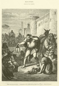 Aesop leter etter en mann (gravering) av French School
