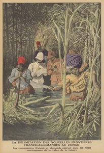 Etablering av grensen mellom franske og tyske territorier i Kongo (farge litho) av French School