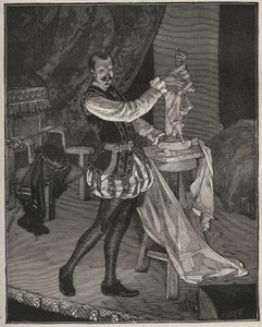 Etienne Marin Melingue (1808-1875), fransk skuespiller som spiller skulptør Benvenuto Cellini i Alexandre Dumas peres "Ascanio", tilpasset scenen av Paul Meurice. Gravering fra 1880 i ""Les arts et professions illustrés"" av Adolphe BITARD. av French School