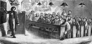 Evening class at a public adult school in Paris in 1858. av French School