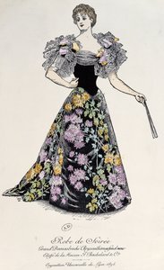 Aftenkjole i damask med krysantemumbrokade på svart bakgrunn, 1894 av French School