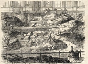 Utgravninger i Cour Carree du Louvre - Oppdagelse av fundamentene til det tidligere tårnet til Philippe Auguste - Utgravninger utført på gårdsplassen til Louvre - oppdatering av fundamentene til den tidligere Tour Philippe-Auguste - Gravering i "Le monde i av French School