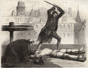 Henrettelse (Le torice de la roue) av forgiftningsmannen Antoine-Francois (Antoine Francois) Desrues (1744-1777) på Place des Greves i Paris i 1777 - Straff av Desrues, ødelagt på hjulet på Place de Greve i Paris av French School