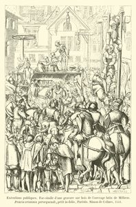 Öffentliche Hinrichtungen, Faksimile eines Holzschnitts aus dem lateinischen Werk von Millaeus, Praxis criminis persequendi, kleines Folio, Paris, Simon de Colines, 1541