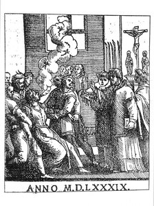 Eksorsiserende scene i 1589 av French School