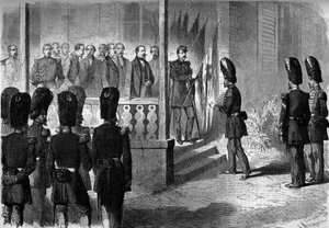 Expedition du Mexique (1861-1867) : Napoleon III (1808-1873) fait remettre aux sergents des regiments des grenadiers de la garde les drapeaux pris par l