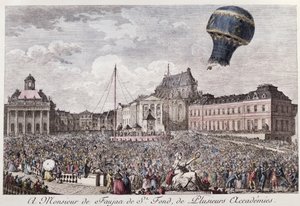 Eksperimenter Montgolfier-brødrene i Versailles med flyturen i en Montgolfiere varmluftsballong av en hane, en and og en sau den 19. september 1783 av French School