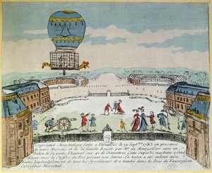 Eksperimenter Montgolfier-brødrene i Versailles med flyturen i en Montgolfiere varmluftsballong av en hane, en and og en sau den 19. september 1783 av French School