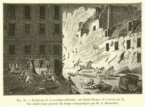 Eksplosjon av helvetesmaskinen, rue Saint-Nicaise, 3 Nivose, år IX, faksimile av en gravering fra tiden formidlet av MA Bonnardot av French School