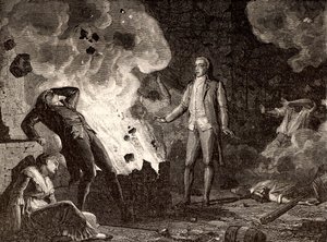 Eksplosjon av sprengstofffabrikken i Essonne, Frankrike, ca. 1788 (gravering) av French School