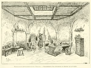 Retrospektiv utstilling av Labor, rekonstruksjon av et kjemikers laboratorium på 1600-tallet (gravering) av French School