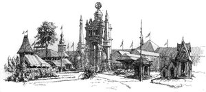 Universell utstilling i Antwerpen (Belgia) i 1885: utsikt over utstillingsbygningene. Gravering i ""Le Monde Illustre"", 22. august 1885. av French School